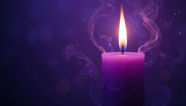 it purple candle with a bright flame and swirling smoke against a dark purple background, symbolizing awareness and support for Purple Day, dedicated to epilepsy awareness.