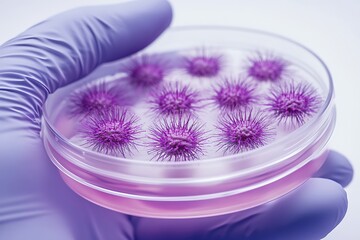Scientist holding petri dish with purple bacteria colonies for medical research