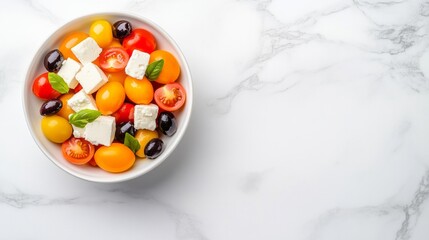 Fresh tomato olive and feta salad served in white bowl
