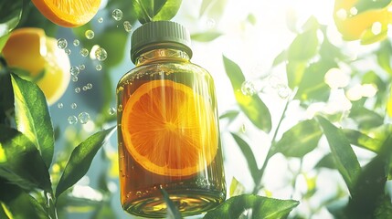 Fresh citrus essential oil bottle among vibrant green leaves and oranges.
