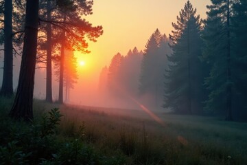 Fototapeta premium Misty forest at sunrise with fog rolling in, forest, mist
