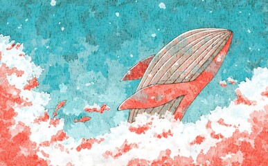 雲の隙間から大ジャンプするクジラをイメージした水彩背景素材