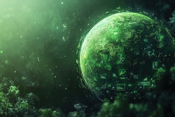 A futuristic green planet with data screens and foliage elements