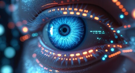 Cybernetic eye closeup with glowing digital interface details