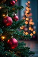 Fototapeta premium Shimmering baubles adorn a towering Christmas tree as twinkling string lights create a mesmerizing display in the surrounding area, Winter Wonderland, Shimmering