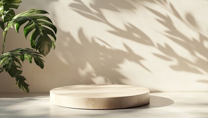 Empty wooden podium with plant and shadows