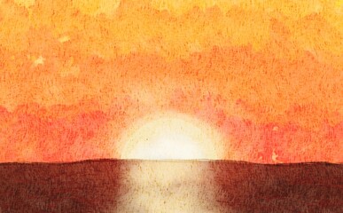 大地の地平線に沈む夕焼けをイメージした水彩背景素材