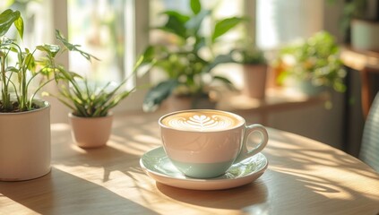 Latte art coffee in a cozy cafe. Sunlight streams through the window, highlighting the latte art and plants