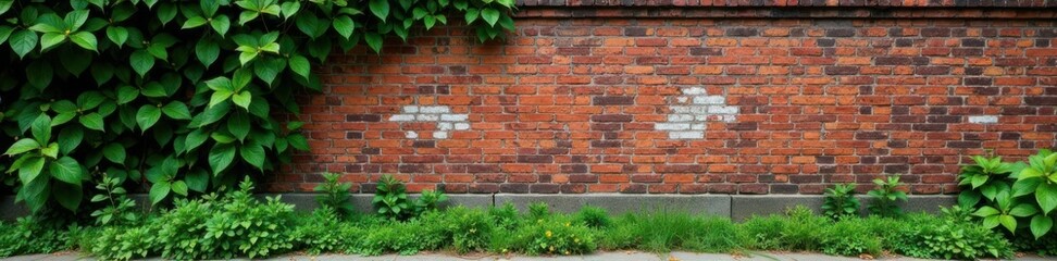 Fototapeta premium Weathered brick wall with moss and ivy, overgrown vegetation, gray stone mortar , textured black, atmospheric