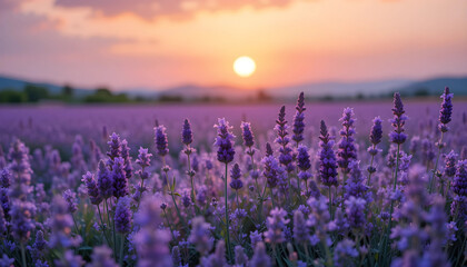 Naklejka premium stunning field of lavender in full bloom during sunset, with a warm golden glow from the horizon blending into the vibrant purple hues of the flowers, creating a serene and picturesque landscape.