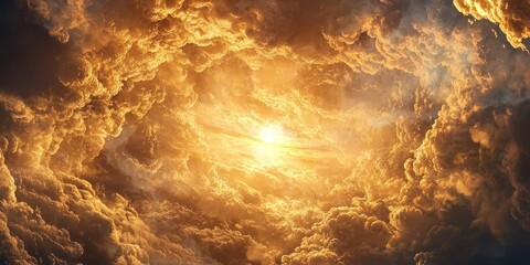 A surreal baroque-inspired sky filled with soft golden clouds and elaborate patterns