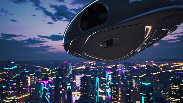 Futuristic flying vehicle over neon-lit cityscape at dusk. High-tech black design. Advanced transportation and future urban mobility concept.