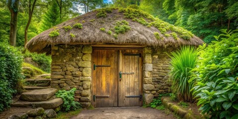 Rustic wooden door with thatched roof and natural stone foundation surrounded by lush greenery and forest trees in a serene natural setting, forest, nature