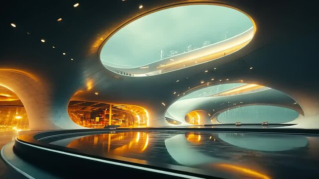 Futuristic architectural design featuring illuminated curves and unique structures in urban setting