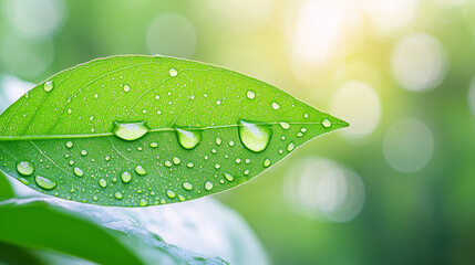 Fresh green leaf with dewdrops symbolizes health and renewal, set against a serene forest backdrop, evoking hope and vitality.