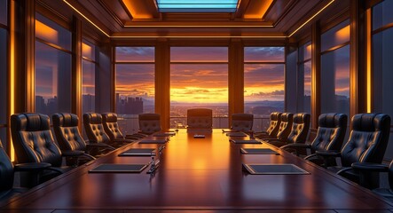 Empty corporate boardroom illuminated by amber sunset hues