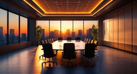Empty corporate boardroom illuminated by amber sunset hues
