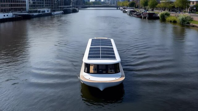 Sleek electric ferry powered by solar technology glides through serene waters, showcasing modern eco friendly transportation design.