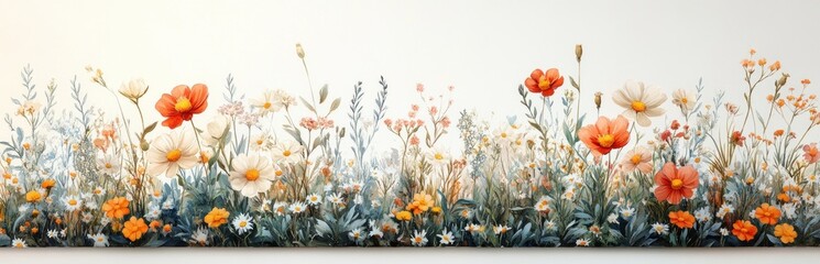 Fototapeta premium Floral Border Watercolor Pattern Chamomile Flowers Greenery Botanical Illustration