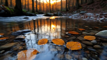 Crystal clear autumn stream reflecting golden sunset through trees. Fallen leaves gently rest on the bottom of the tranquil water
