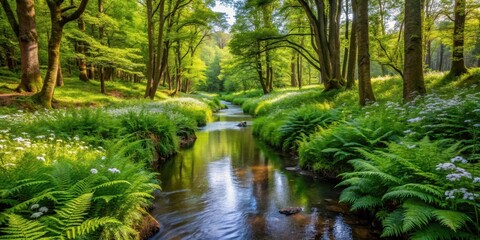 Obraz premium A tranquil brook meandering through a dense thicket of ferns and wildflowers, surrounded by towering trees with leaves rustling softly in the gentle breeze , tranquility, idyllic