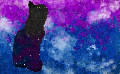 黒猫と宇宙の水彩背景素材