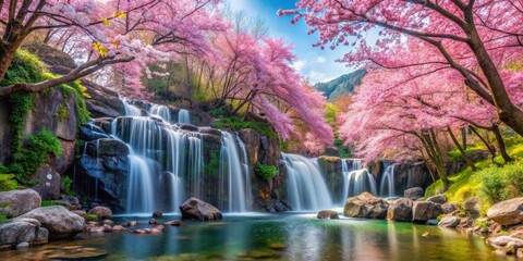 Majestic cherry blossom trees surround a crystal-clear waterfall cascading down a rocky cliffside in the heart of a serene forest on a bright spring day, springtime, cherry blossoms