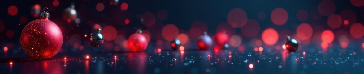 Glowing abstract Christmas balls floating in mid-air amidst dark space, festive, balls, ornaments