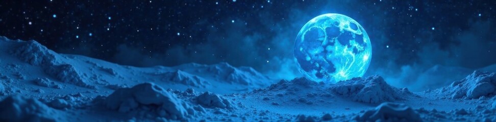 Fototapeta premium Icy moon with glowing blue aura and dark space , ambient light, icy surface, moon