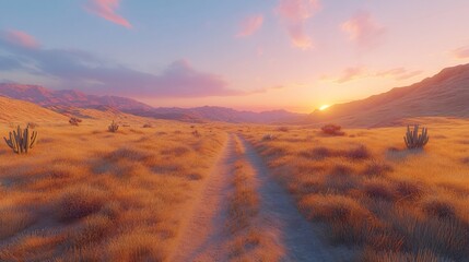 Desert Path at Sunset: A Serene Journey Through Golden Grasses and Distant Mountains