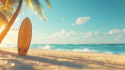 Serene Beach Scene with Surfboard and Palm Trees Under a Clear Blue Sky During Golden Hour