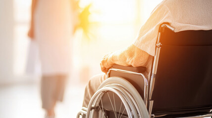 nurse is assisting elderly patient in wheelchair, showcasing compassion and care in bright, warm environment. scene reflects importance of support and healthcare for elderly
