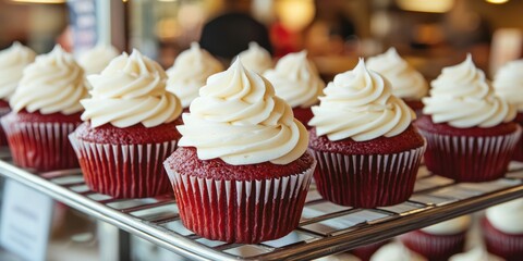A bakery showcase featuring a tray of red velvet cupcakes with perfectly piped cream cheese frosting