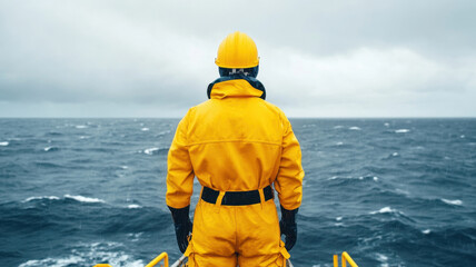 worker in yellow waterproof suit stands on offshore platform, gazing at rough ocean waves under cloudy sky, embodying resilience and determination in challenging conditions