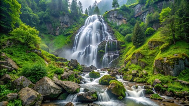 Waterfall cascade flowing down rocky Toplita mountain in Transylvania landscape with lush green vegetation and mist rising from water surface , cascade, toplica