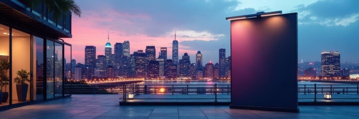 Obraz premium Modern outdoor poster mockup with city skyline background and sleek typography display , modern, advertisement