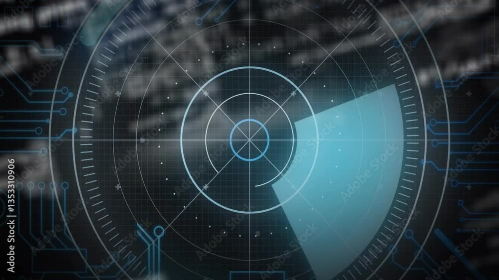 Poster scanning animation on futuristic radar screen with digital interface in use