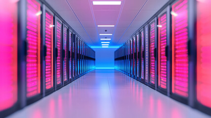 vibrant server room with rows of servers illuminated by pink and blue lights creates futuristic atmosphere. sleek design and organized layout enhance technological feel of space