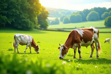 Pasture scene with farm animals grazing in a sunny field, horses, farm life