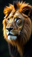 Fototapeta premium Regal lion's face with golden mane and black whiskers, face, golden