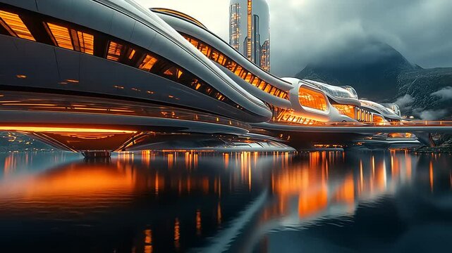 Futuristic architectural marvel reflecting in serene waters, surrounded by mountains and clouds