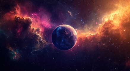 Obraz premium A distant planet surrounded by colorful cosmic clouds and stars