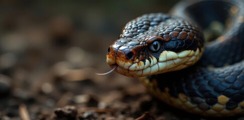 Fototapeta premium Snake's close-up face with piercing blue gaze and forked tongue exposed, set against a natural woodgrain background, nature, wildlife, reptile