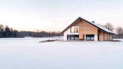 Modern house nestled in snowy landscape.  Tranquil winter scene with a contemporary home situated on a vast expanse of snow-covered land, surrounded by a forest.  