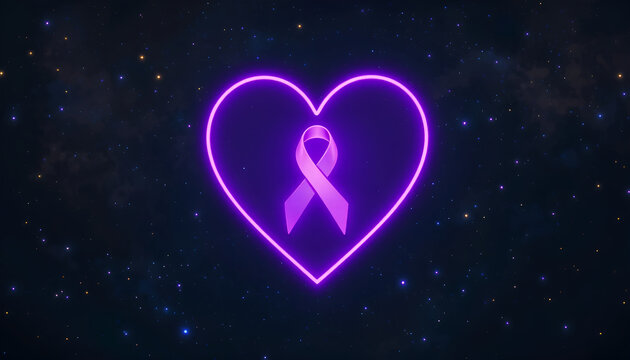 : A glowing purple heart with a centered purple ribbon, set against a starry night sky. The ribbon symbolizes epilepsy awareness, promoting support and advocacy for Purple Day. - Powered by Adobe