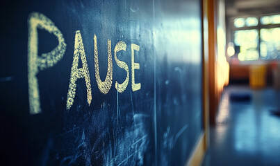 Handwritten word 'PAUSE' on a blackboard suggesting a moment to stop and reflect