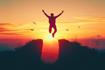 Silhouette of a man jumping between cliffs 2025 and 2025 during vibrant sunrise at tropical beach freedom adventure challenge travel celebration