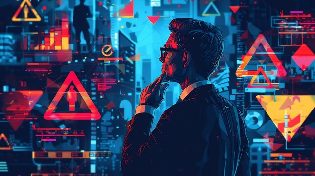 Artistic representation of a trader confidently making financial decisions without sufficient research surrounded by warning signs of potential market risks symbolizing overconfidence bias