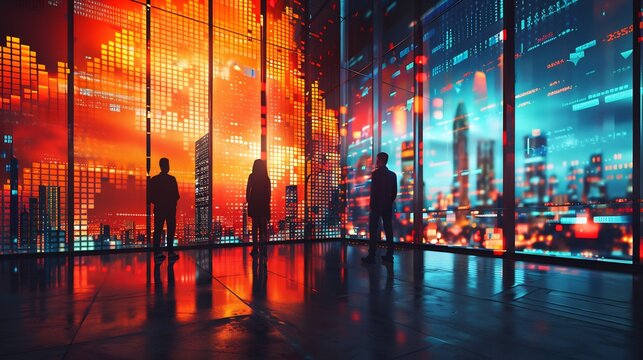 Artistic visualization of financial professionals analyzing complex stock market data and mergers symbolizing high stakes investment banking capital raising and wealth advisory