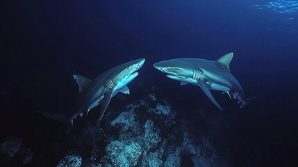 Fototapeta premium Two Sharks Encounter Each Other in Deep Blue Ocean Waters